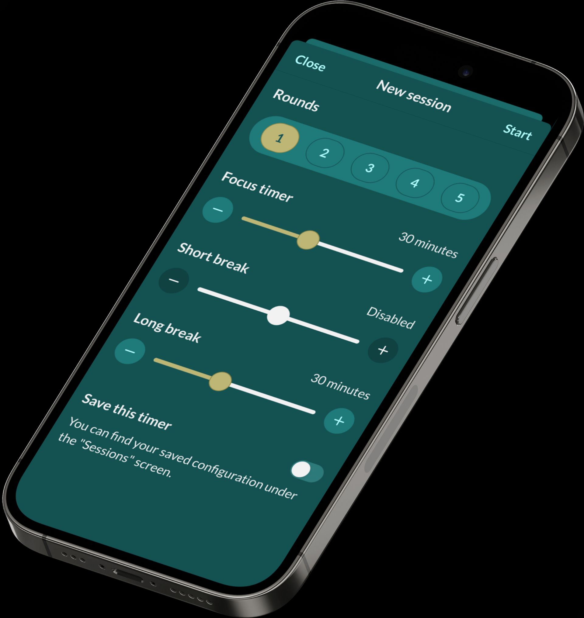 Concentration screenshot: Configuration screen to start a pomodoro session